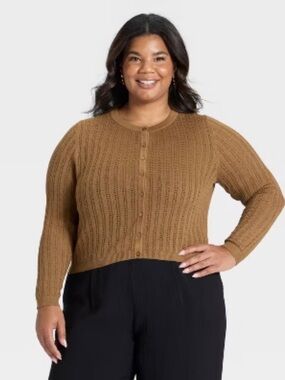 a new day Women’s Pointelle  Cardigan Sweater in Brown Size L